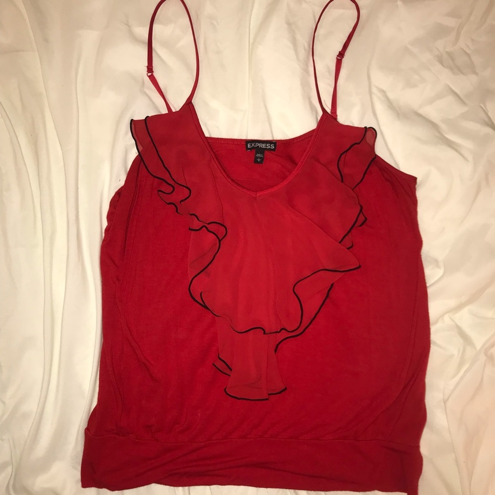 Red express top with ruffle detail